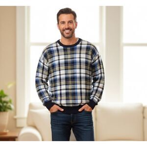 Nautica Sweater Vintage Blue Yellow Plaid Pullover Cotton Mens Size XL